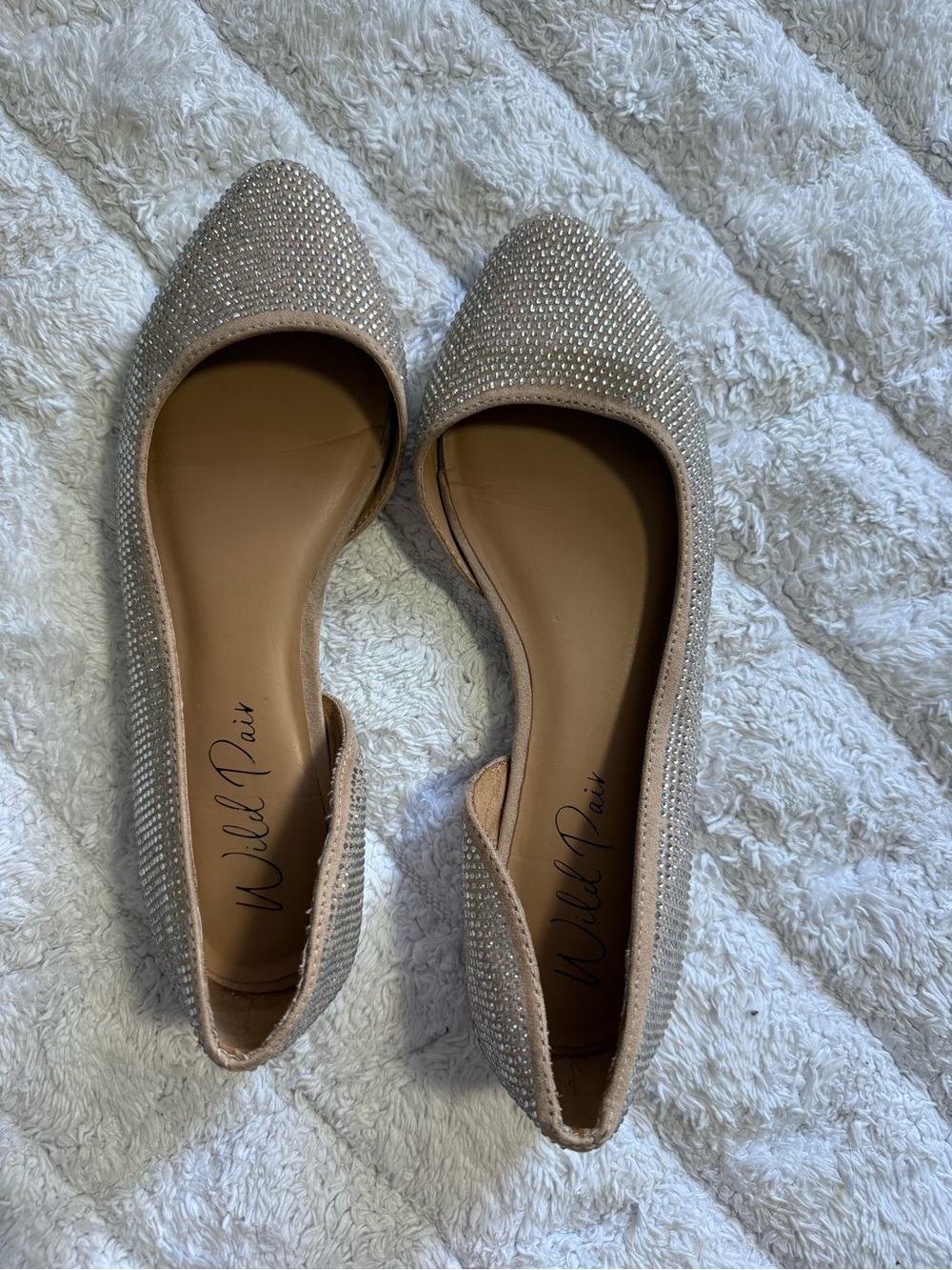 Wild Pair Women's Rhinestone Pointed Toe Flats in Nude